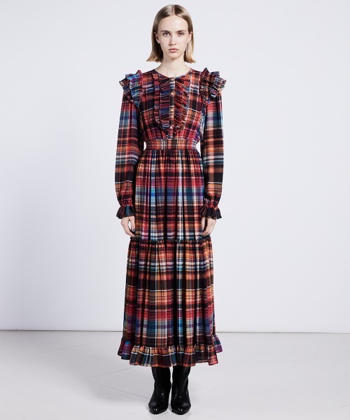 DOUBLE STANDARD CLOTHING ワンピース チェックシフォンマキシ