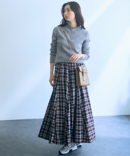 slattgir スカート 高身長 チェック柄ボリュームフレアマキシ