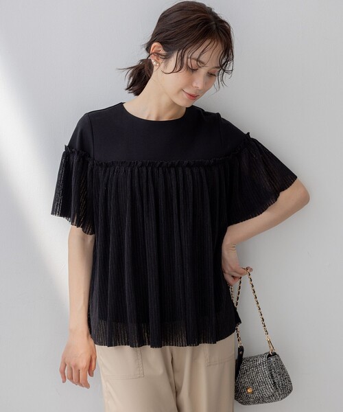 tシャツ プリーツコンビ5分袖 カットソー レディース
