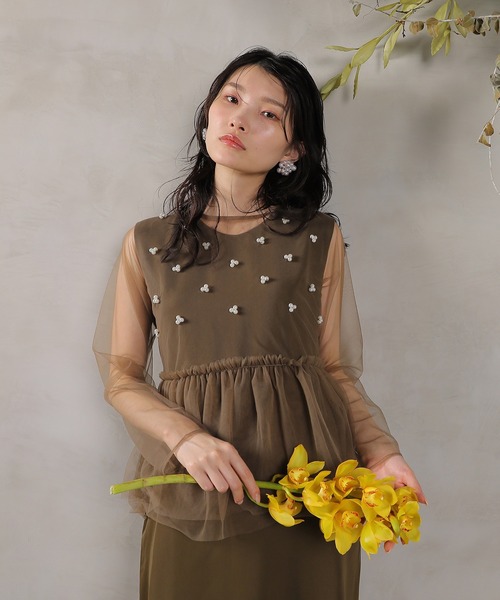 ペプラムシアードレスツーピース 結婚式パーティー Kana ドレス シアートップス パールペプラムワンピース