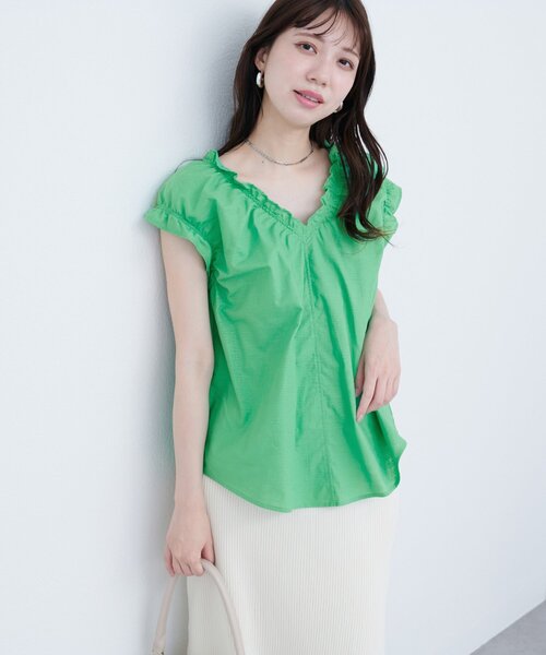natural couture ブラウス シャツ 綿麻ギャザーフリルブラウス