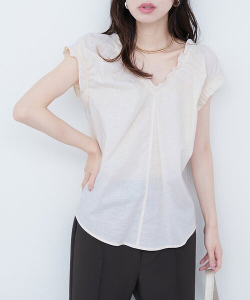 natural couture ブラウス シャツ 綿麻ギャザーフリルブラウス