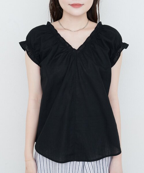 natural couture ブラウス シャツ 綿麻ギャザーフリルブラウス
