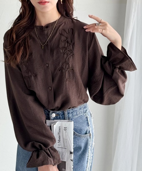 シャツ/ブラウス(長袖/七分) eneu   frill gather blouse AOYAMA 【洋服の青山】襟付き シャツブラウス ギャザー フリル