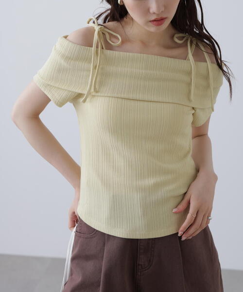 tシャツ 肩リボンオフショルカットソー レディース