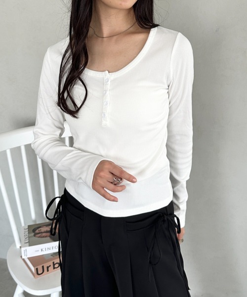 CLEA tシャツ ヘンリーネック長袖リブコンパクトトップス レディース