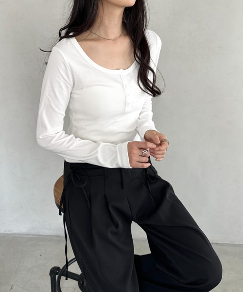 CLEA tシャツ ヘンリーネック長袖リブコンパクトトップス レディース