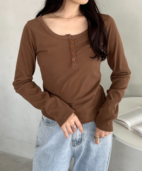 グラムリップス♡ヘンリーネックギャザーshirt Ada. tシャツ サイドギャザー レイヤード風 ヘンリーネック トップス