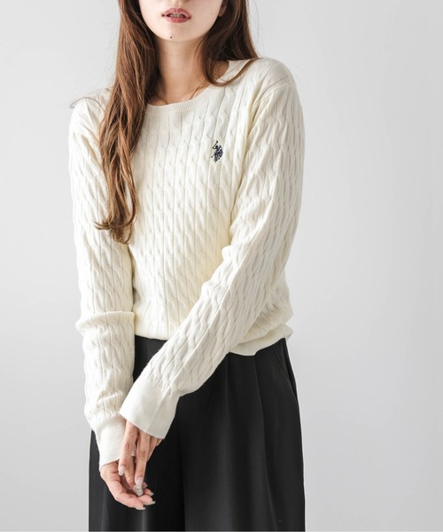 ニット セーター POLOワンポイント刺繍ケーブルニット レディース