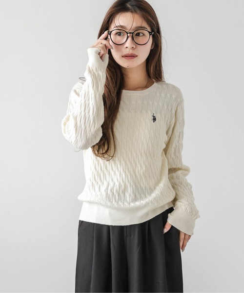 ラルフローレン　ワンポイント刺繍　ケーブルニット　アイボリー　クルーネック U.S. POLO ASSN.（ユーエスポロアッスン） ニット セーター POLOワン