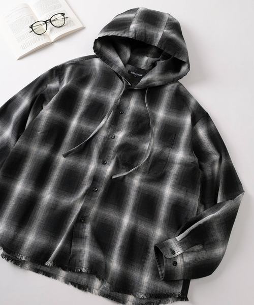 ブラウス シャツ 「82」カットオフ オンブレチェック フードシャツ