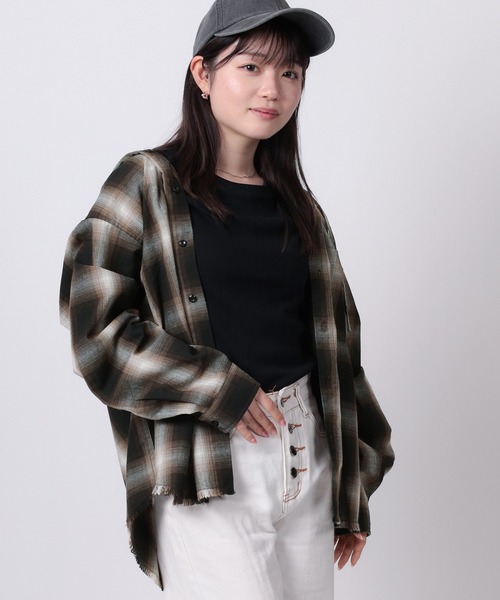 ブラウス シャツ 「82」カットオフ オンブレチェック フードシャツ