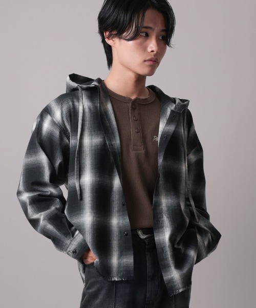 ブラウス シャツ 「82」カットオフ オンブレチェック フードシャツ