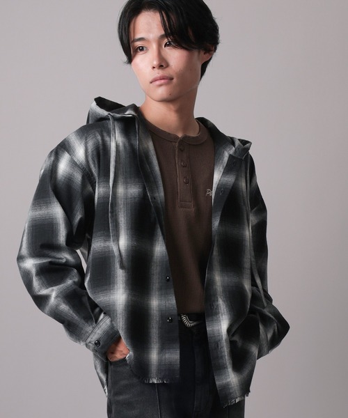 ブラウス シャツ 「82」カットオフ オンブレチェック フードシャツ