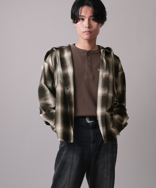 ブラウス シャツ 「82」カットオフ オンブレチェック フードシャツ