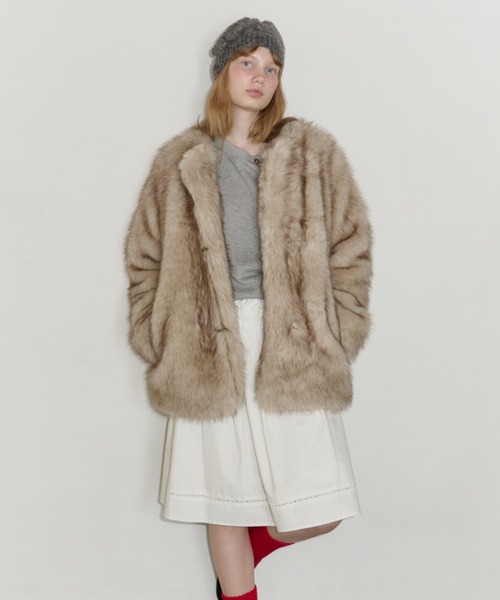 ジャケット・アウター giunon collarless smooth fur coat GIUNON ノーカラーコート コート collarless smooth fur coat / カラー
