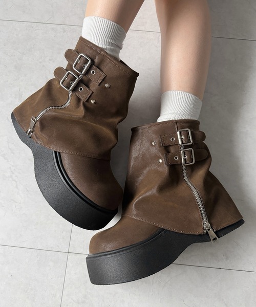 me em select ミームセレクト ショート ブーツ color ベルテッドヴィンテージ厚底カバーショートブーツ belted vintage platform cover short boots レディース ZOZOTOWN Yahoo 店 - 通販 - Yahoo ショッピング