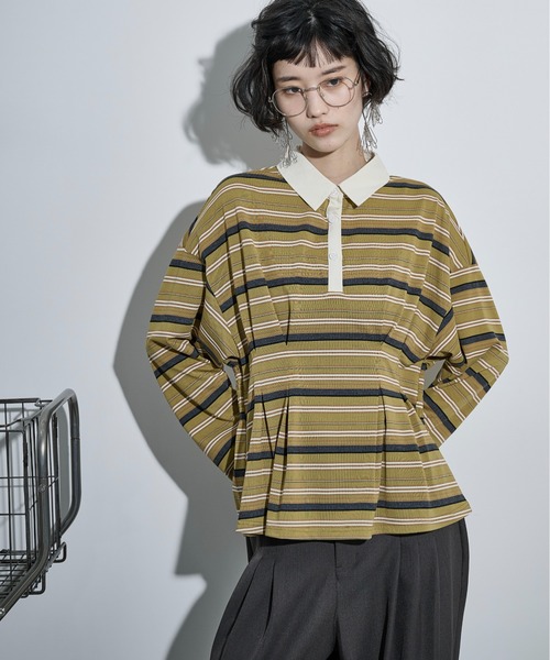 THE Yon tシャツ マルチボーダーウエストタックポロトップス