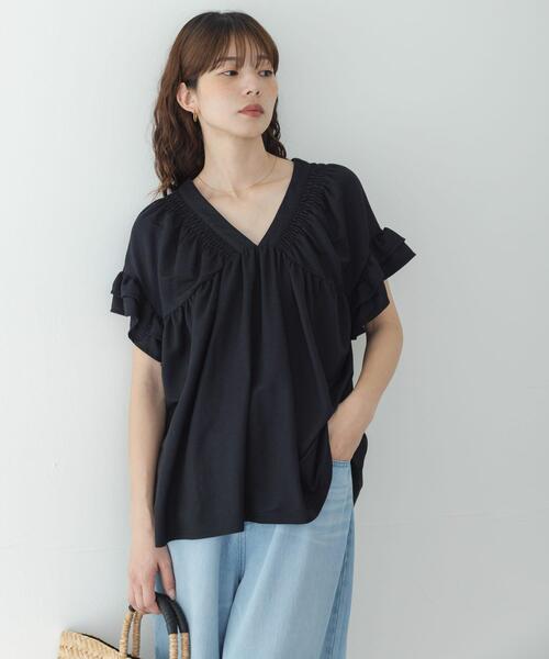 tシャツ シャーリングフリルスリーブプルオーバー レディースの画像
