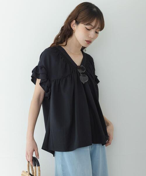 tシャツ シャーリングフリルスリーブプルオーバー レディースの画像
