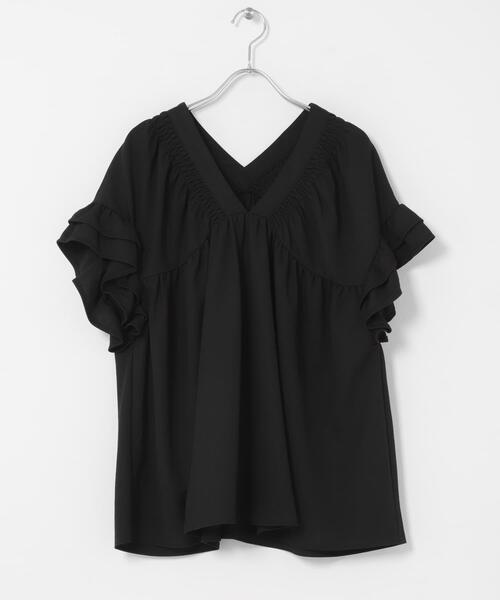 tシャツ シャーリングフリルスリーブプルオーバー レディースの画像