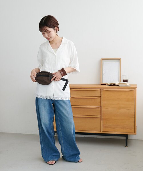 ブラウス シャツ レース使い開襟シャツ レディースの画像
