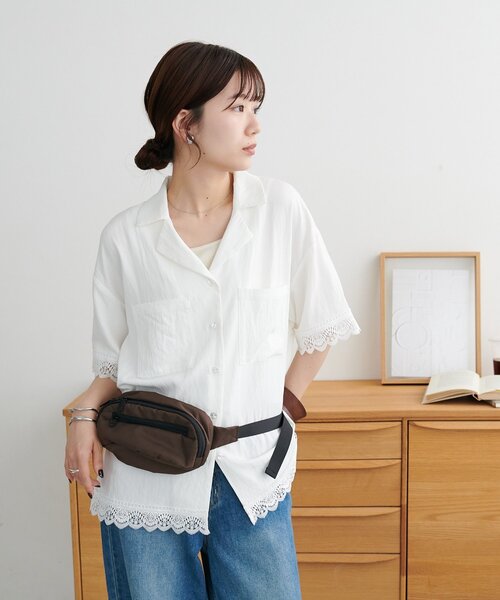 ブラウス シャツ レース使い開襟シャツ レディースの画像