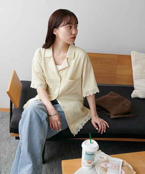 Discoat（ディスコート） ブラウス シャツ 半袖 レース使い開襟シャツ 