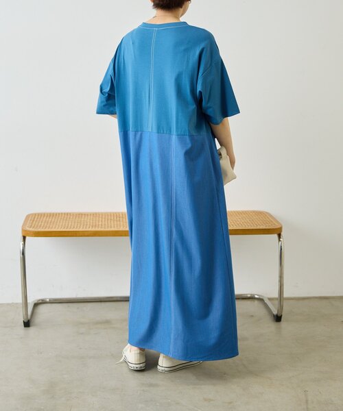 イアパピヨネ　SUM1 STYLE　F　半袖イージーケアワンピース　ブルー系 ear PAPILLONNER（イア パピヨネ） ワンピース 半袖 切替Tシャツ