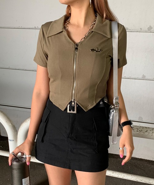 tシャツ ダメージダブルジップポロトップス レディース ダメージダブルジップポロトップス（Tシャツ/カットソー）｜KsG