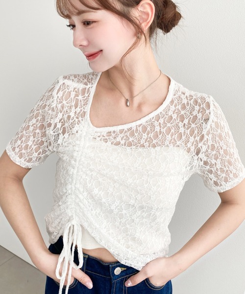 moment+ tシャツ アシンメトリードロスト半袖ストレッチレーストップス