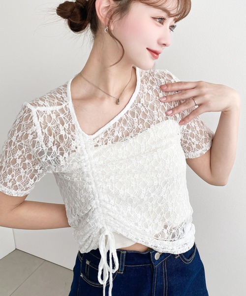 moment+ tシャツ アシンメトリードロスト半袖ストレッチレーストップス