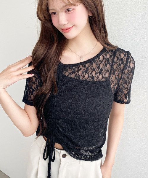 moment+ tシャツ アシンメトリードロスト半袖ストレッチレーストップス