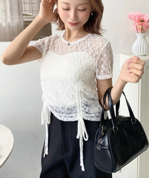 moment+ tシャツ ドロスト半袖ストレッチレーストップス
