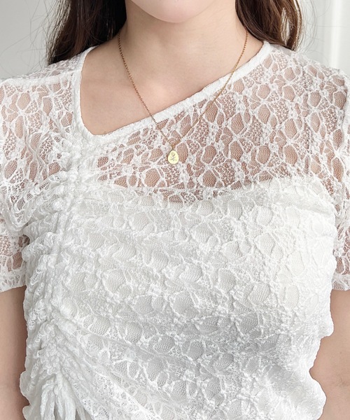 moment+ tシャツ アシンメトリードロスト半袖ストレッチレーストップス