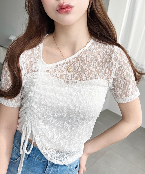moment+ tシャツ アシンメトリードロスト半袖ストレッチレーストップス