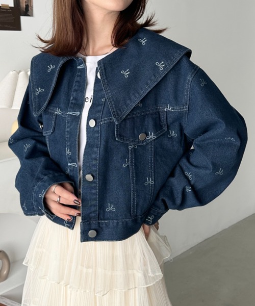 CLEA デニムジャケット gジャン セーラーカラーリボン柄デニム