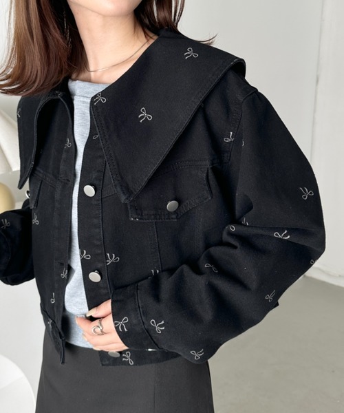 CLEA デニムジャケット gジャン セーラーカラーリボン柄デニム