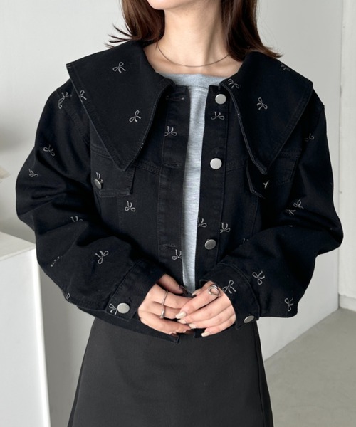 CLEA デニムジャケット gジャン セーラーカラーリボン柄デニム
