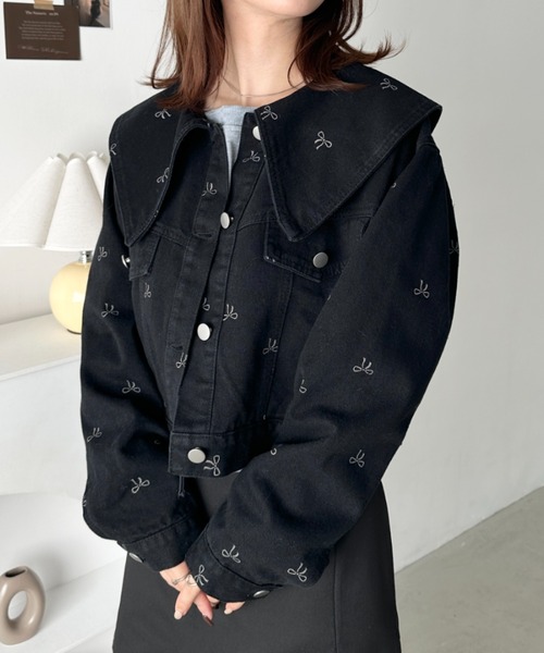 CLEA デニムジャケット gジャン セーラーカラーリボン柄デニム