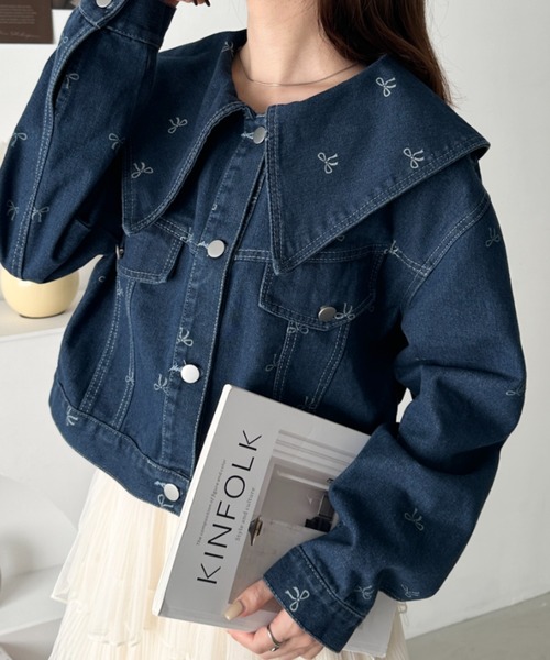 CLEA デニムジャケット gジャン セーラーカラーリボン柄デニム