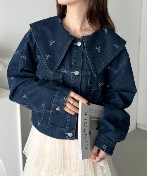 CLEA デニムジャケット gジャン セーラーカラーリボン柄デニム