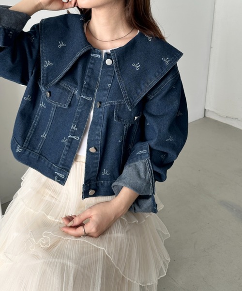 CLEA デニムジャケット gジャン セーラーカラーリボン柄デニム