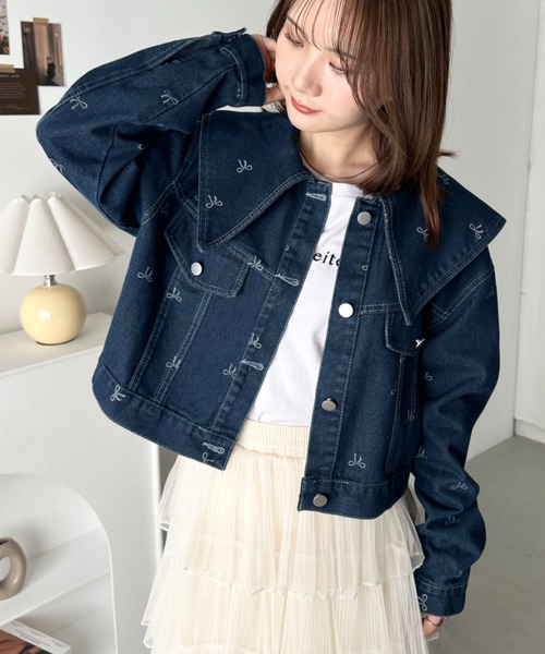 CLEA デニムジャケット gジャン セーラーカラーリボン柄デニム