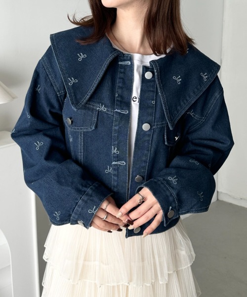 CLEA デニムジャケット gジャン セーラーカラーリボン柄デニム