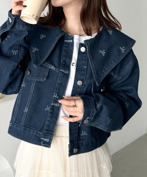 CLEA デニムジャケット gジャン セーラーカラーリボン柄デニム