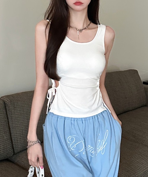 タンクトップ ノースリーブ カットアウトカップ付きタンク レディース Lace Ladies タンクトップ ノースリーブ サイド ギャザー カット