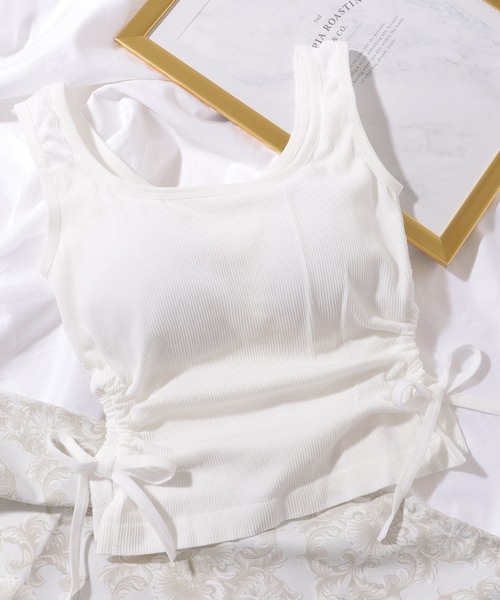 Lace Ladies タンクトップ ノースリーブ サイド ギャザー カット