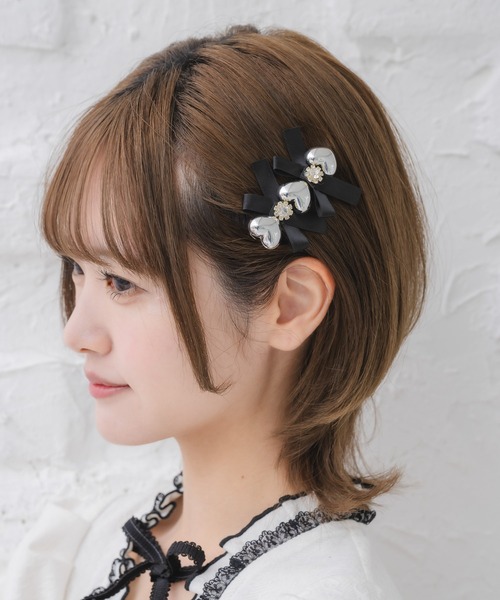 クチュールバイロジータ ヘアクリップ シルバーハートレースアップ風