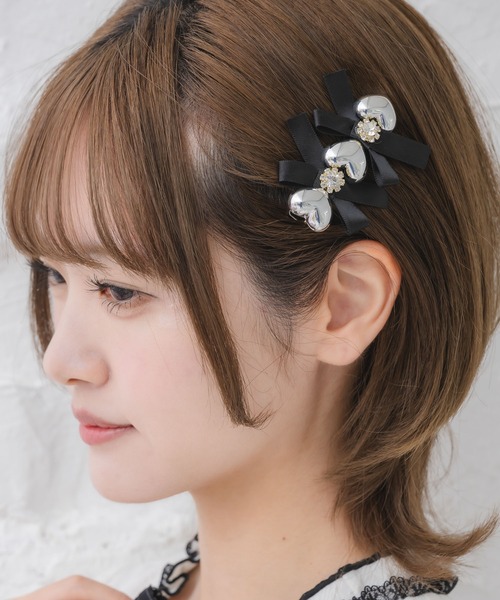 クチュールバイロジータ ヘアクリップ シルバーハートレースアップ風